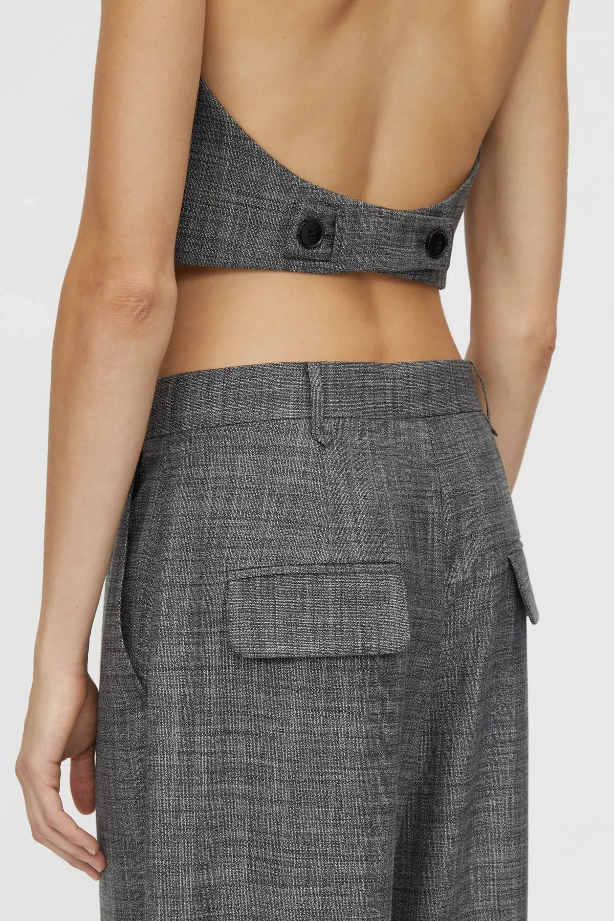 Zazu Pant by Camilla and Marc in charcoal marle, mid-rise wool blend with dropped crotch and bow-leg silhouette.