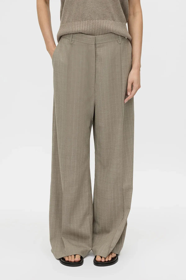 Arnelle Pant by Camilla and Marc in natural pinstripe, wide-leg tailored silhouette with waistband cut-out and pintuck details.