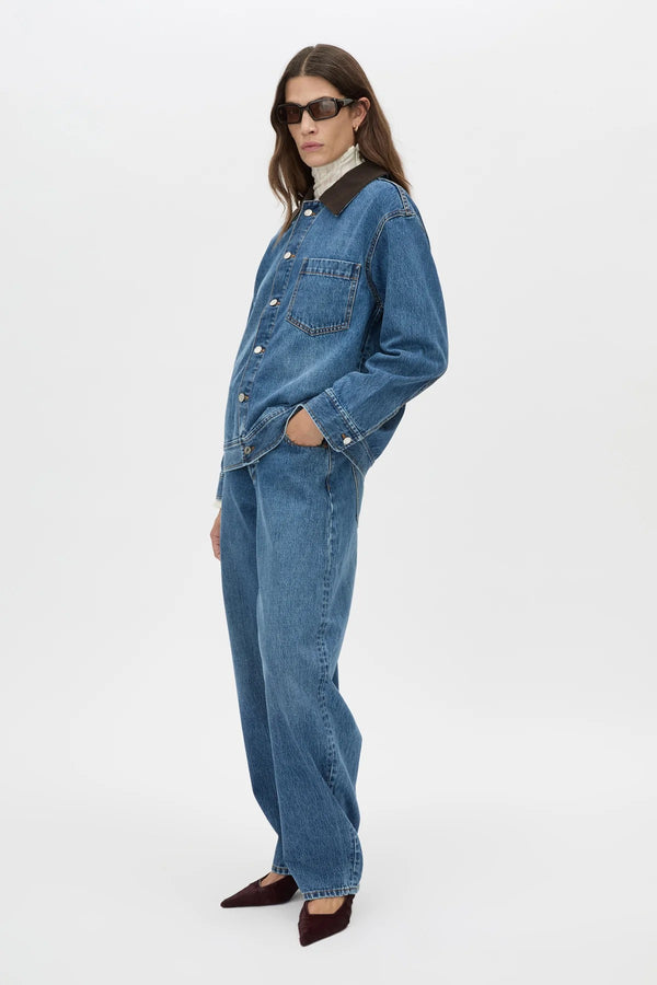 Alonzo Denim Jacket by Camilla and Marc, a dark classic blue oversized denim bomber with contrast collar and branded buttons.
