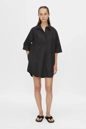 Cumulus Shirt Dress by Camilla and Marc in black, relaxed cotton shift dress with short sleeves, collar and curved hem.