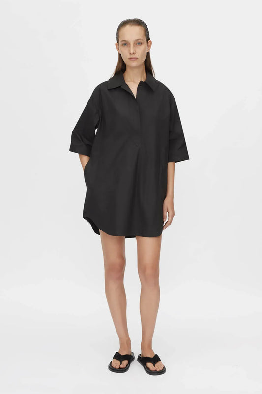 Cumulus Shirt Dress by Camilla and Marc in black, relaxed cotton shift dress with short sleeves, collar and curved hem.