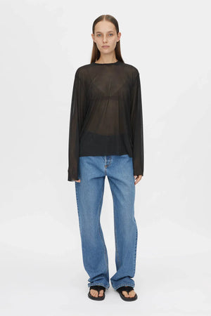Marie Long Sleeve Top by Camilla and Marc in black, sheer relaxed fit with raw edges and subtle stitch detailing.