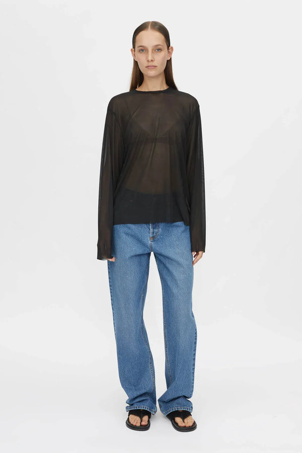 Marie Long Sleeve Top by Camilla and Marc in black, sheer relaxed fit with raw edges and subtle stitch detailing.