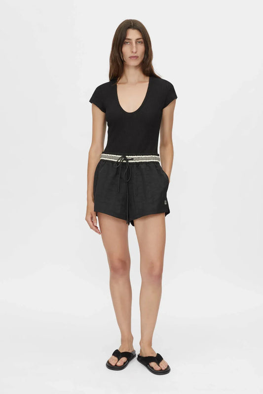 Mimas Monogram Short by Camilla and Marc in black, elasticated waist short with striped waistband and logo embroidery.