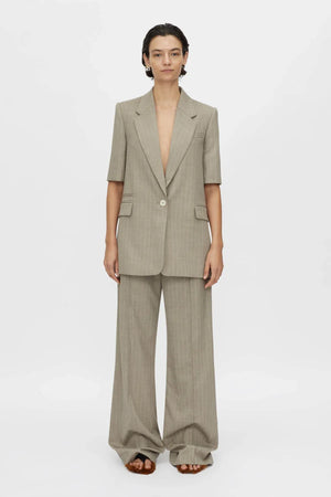 Arnelle Pant by Camilla and Marc in natural pinstripe, wide-leg tailored silhouette with waistband cut-out and pintuck details.