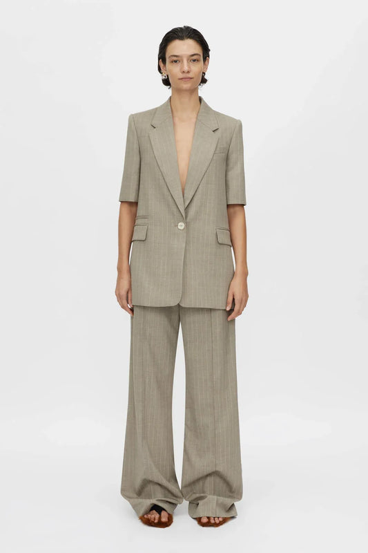 Arnelle Pant by Camilla and Marc in natural pinstripe, wide-leg tailored silhouette with waistband cut-out and pintuck details.