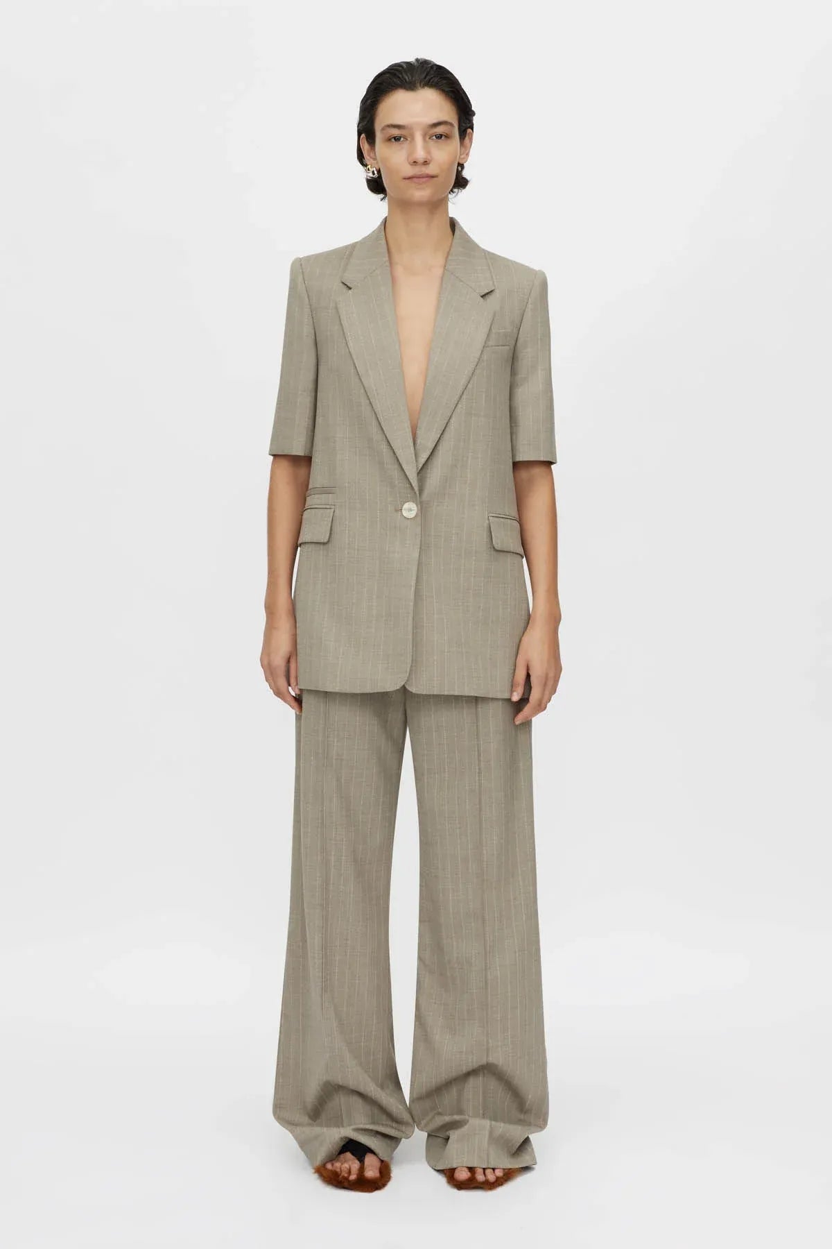 Arnelle Pant by Camilla and Marc in natural pinstripe, wide-leg tailored silhouette with waistband cut-out and pintuck details.