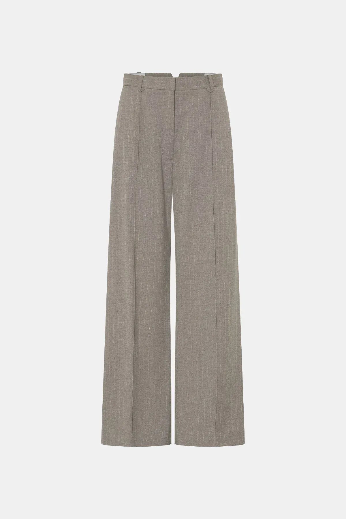 Arnelle Pant by Camilla and Marc in natural pinstripe, wide-leg tailored silhouette with waistband cut-out and pintuck details.