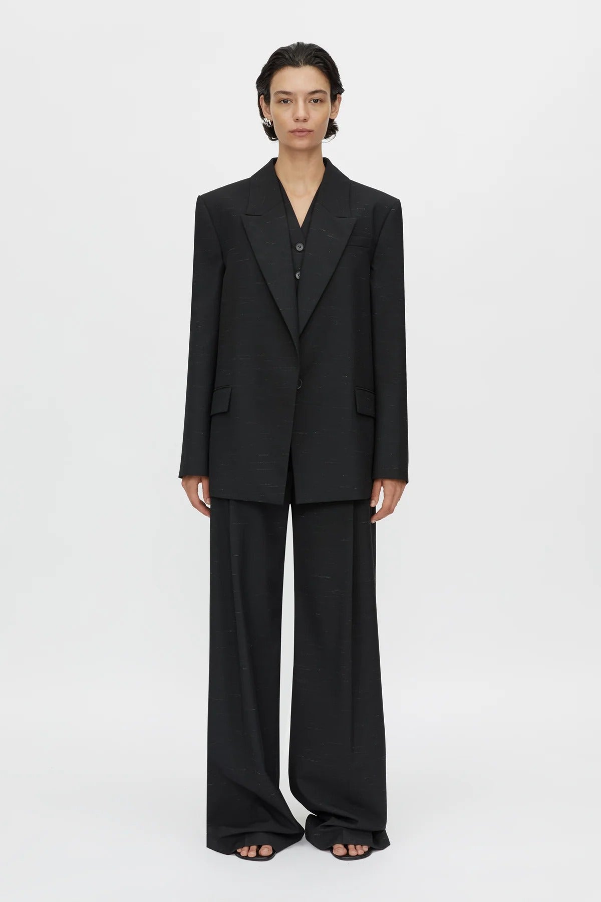 Aya Pant by Camilla and Marc in black, low-rise wool tailored design with subtle flare and pressed creases.