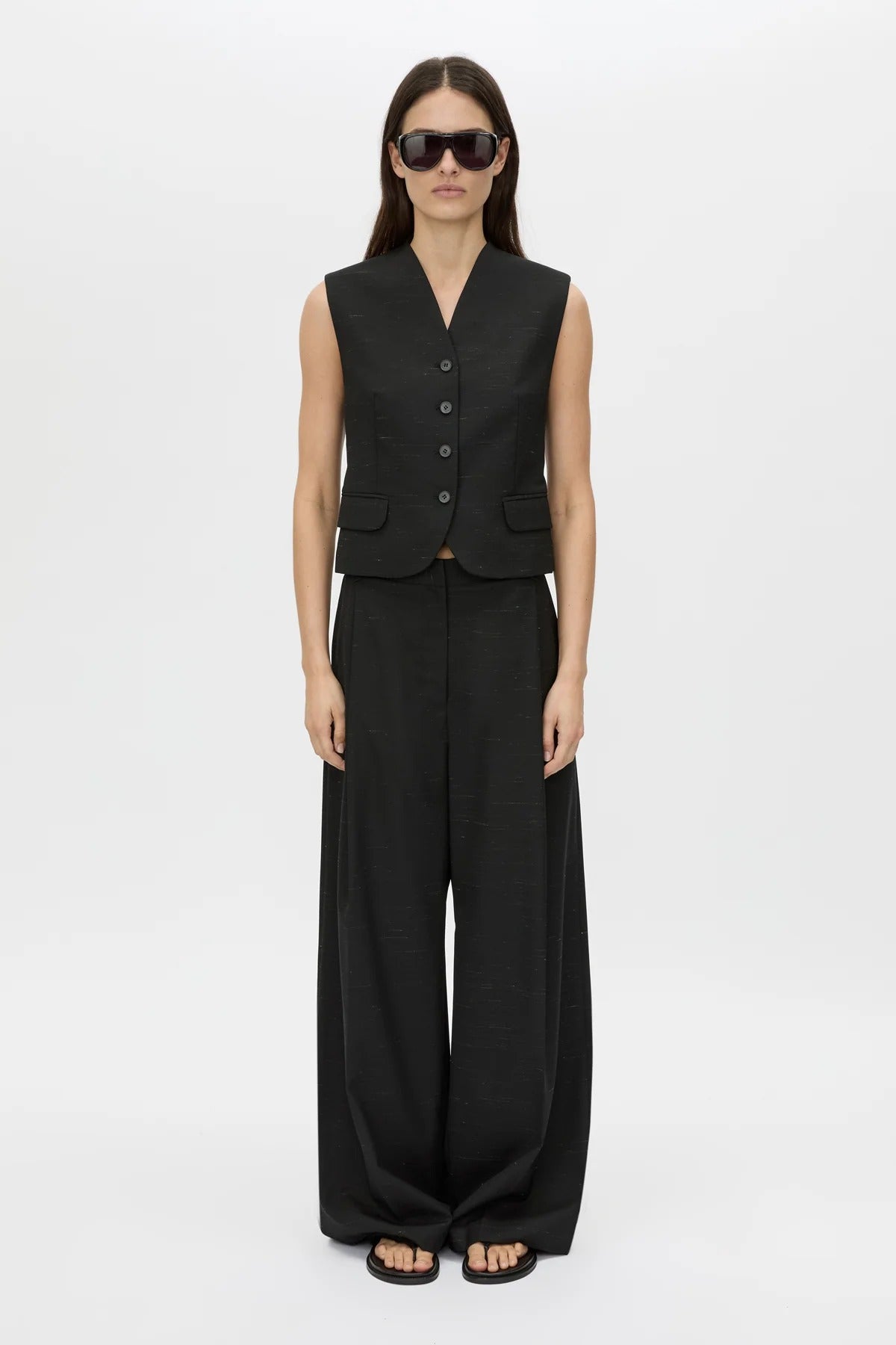 Aya Pant by Camilla and Marc in black, low-rise wool tailored design with subtle flare and pressed creases.