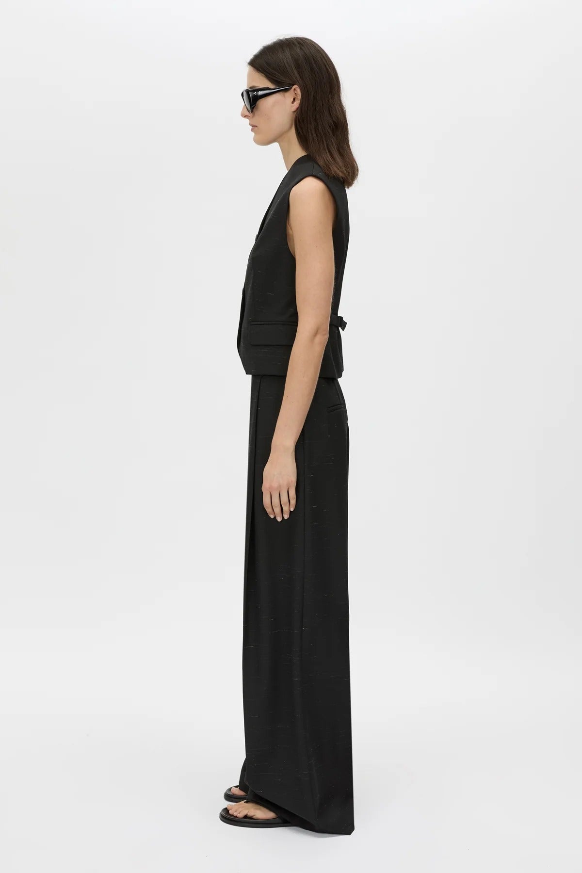 Aya Pant by Camilla and Marc in black, low-rise wool tailored design with subtle flare and pressed creases.