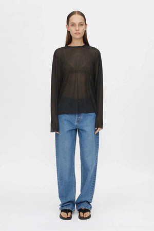 Marie Long Sleeve Top by Camilla and Marc in black, sheer relaxed fit with raw edges and subtle stitch detailing.