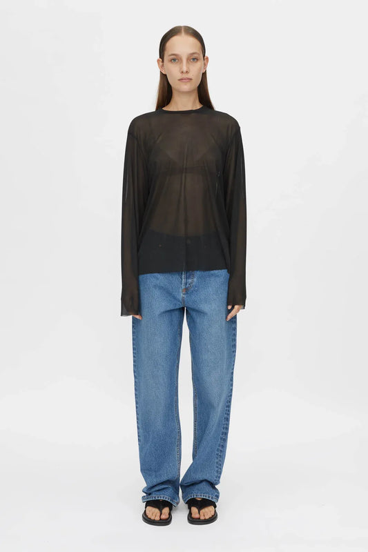 Marie Long Sleeve Top by Camilla and Marc in black, sheer relaxed fit with raw edges and subtle stitch detailing.