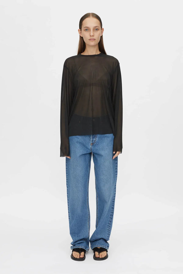 Marie Long Sleeve Top by Camilla and Marc in black, sheer relaxed fit with raw edges and subtle stitch detailing.