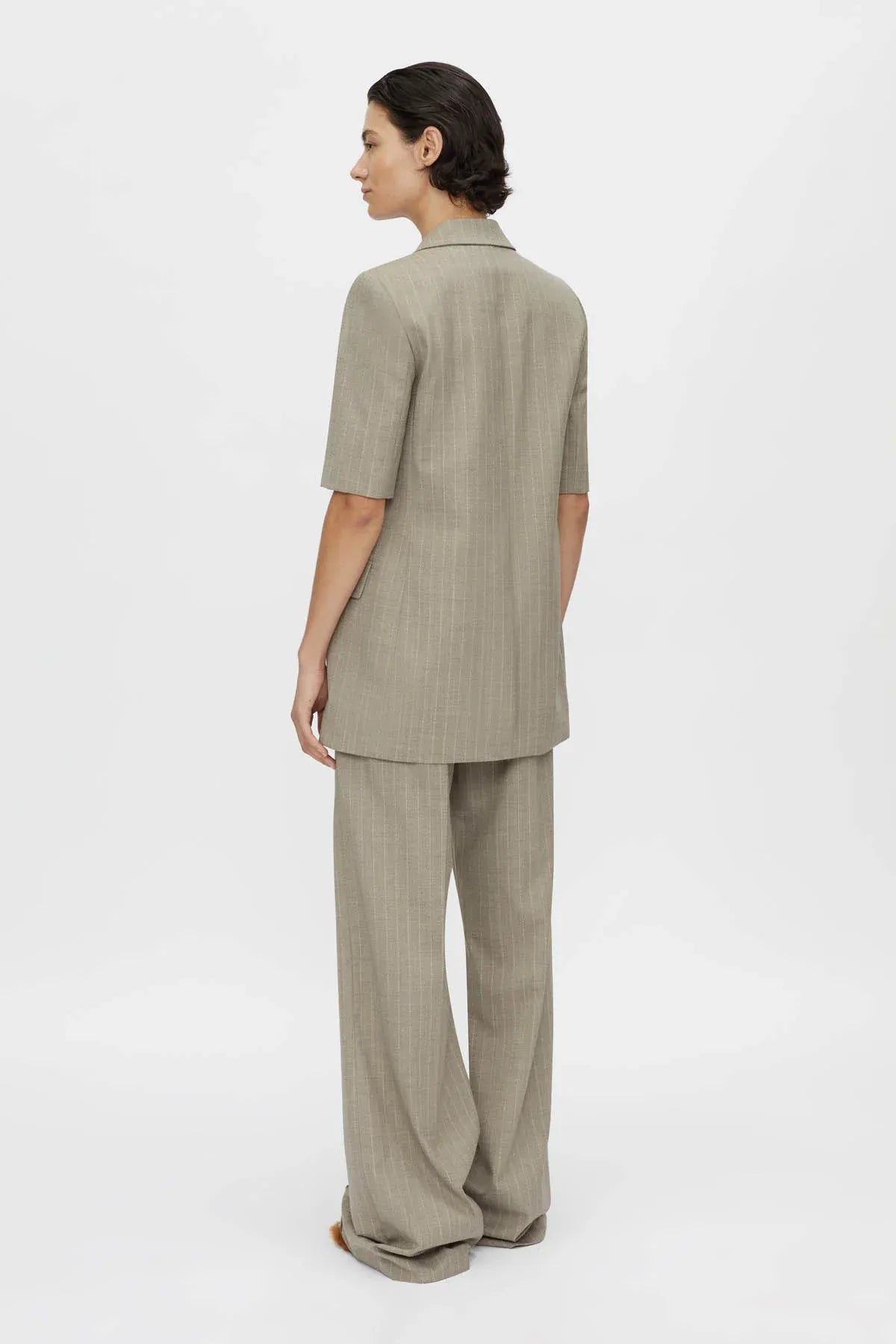 Arnelle Short Sleeve Blazer by Camilla and Marc in natural pinstripe, slim-fit tailored design with cropped sleeves and notched lapel.
