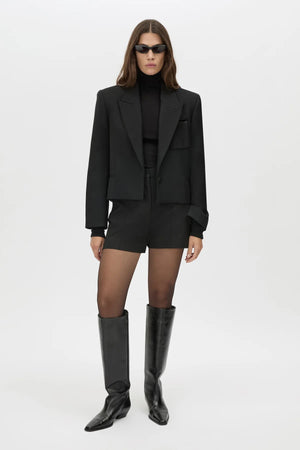 Floret Tailored Short by Camilla and Marc, a black wool-blend suiting short with resin buckle detail, belt loops and a tailored fit.