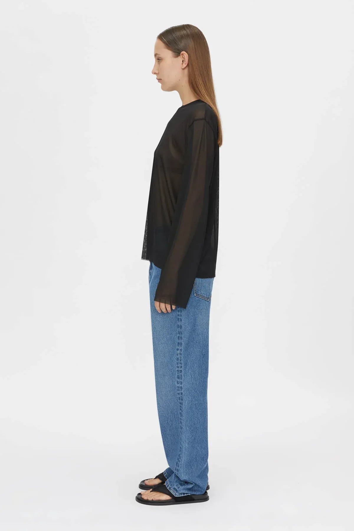 Marie Long Sleeve Top by Camilla and Marc in black, sheer relaxed fit with raw edges and subtle stitch detailing.