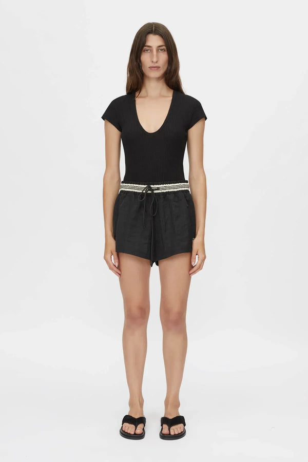 Mimas Monogram Short by Camilla and Marc in black, elasticated waist short with striped waistband and logo embroidery.
