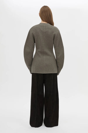 Crawford Knit Cardigan in Squirrel by Camilla and Marc, a merino wool blend button-up cardigan with ribbed detailing and structured fit.