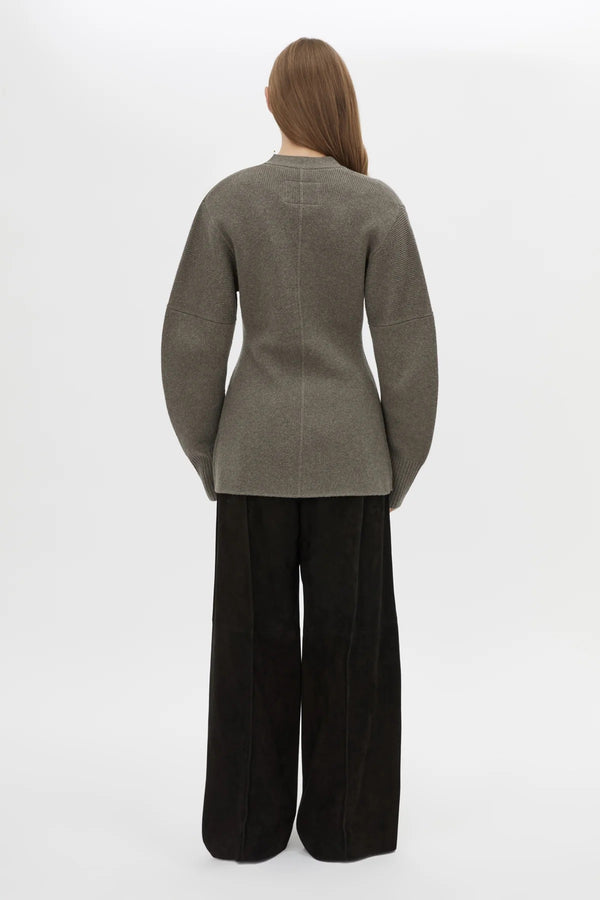 Crawford Knit Cardigan in Squirrel by Camilla and Marc, a merino wool blend button-up cardigan with ribbed detailing and structured fit.