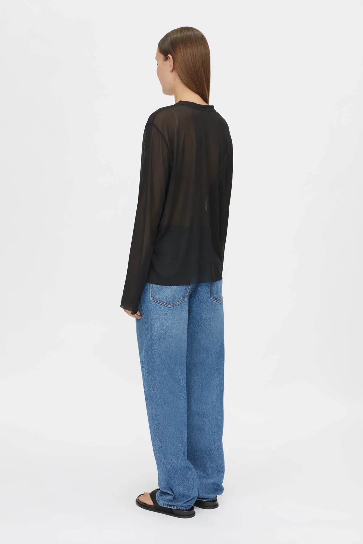 Marie Long Sleeve Top by Camilla and Marc in black, sheer relaxed fit with raw edges and subtle stitch detailing.