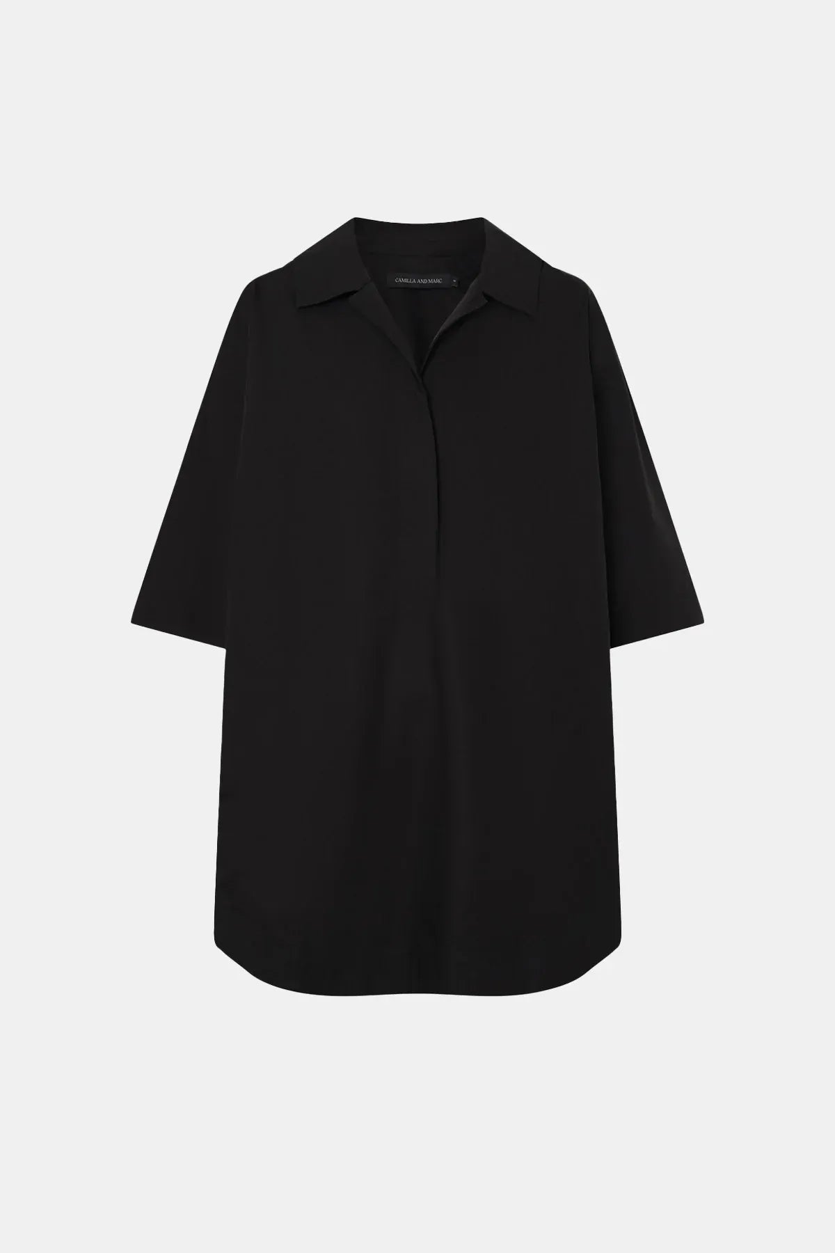 Cumulus Shirt Dress by Camilla and Marc in black, relaxed cotton shift dress with short sleeves, collar and curved hem.