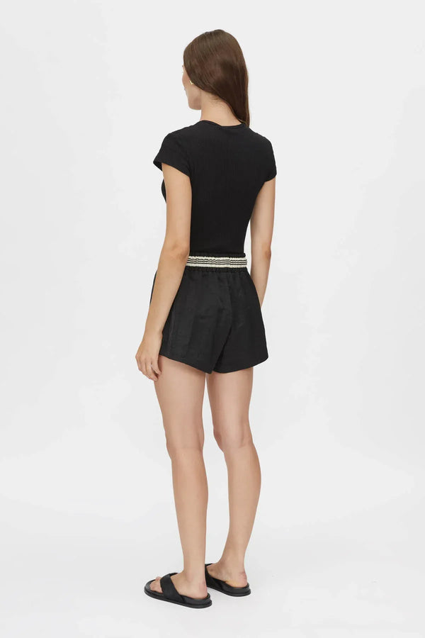 Mimas Monogram Short by Camilla and Marc in black, elasticated waist short with striped waistband and logo embroidery.