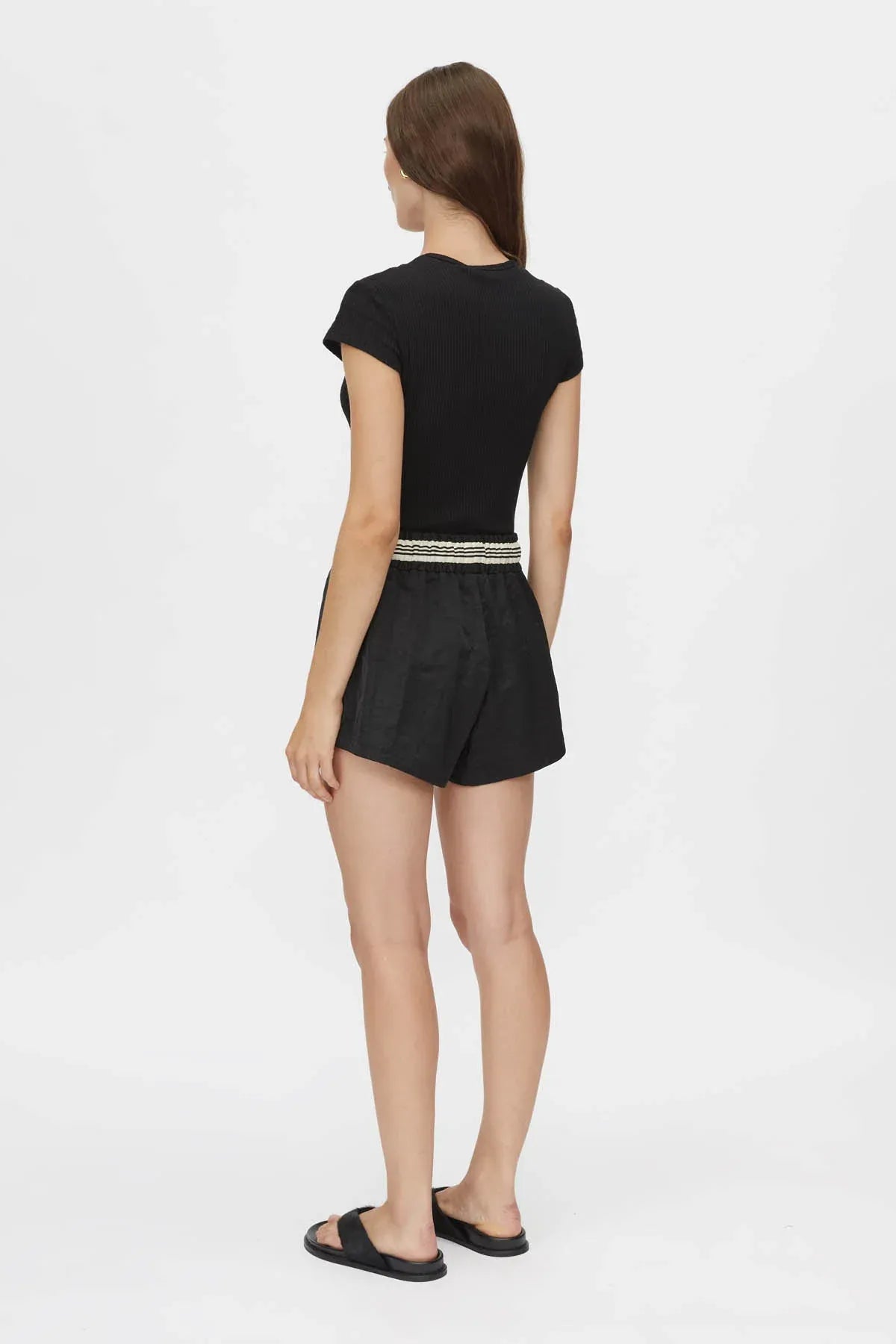 Mimas Monogram Short by Camilla and Marc in black, elasticated waist short with striped waistband and logo embroidery.