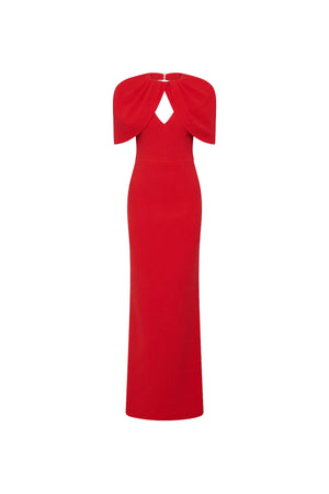 Rebecca Vallance Cameron Gown in red bonded crepe with draped cape overlay, V neckline and column maxi skirt, elegant evening style.
