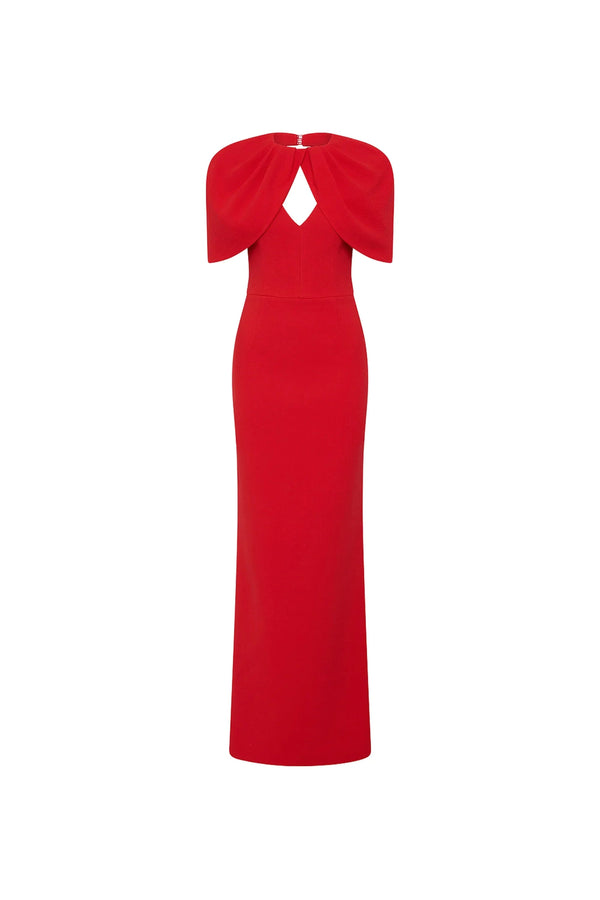 Rebecca Vallance Cameron Gown in red bonded crepe with draped cape overlay, V neckline and column maxi skirt, elegant evening style.
