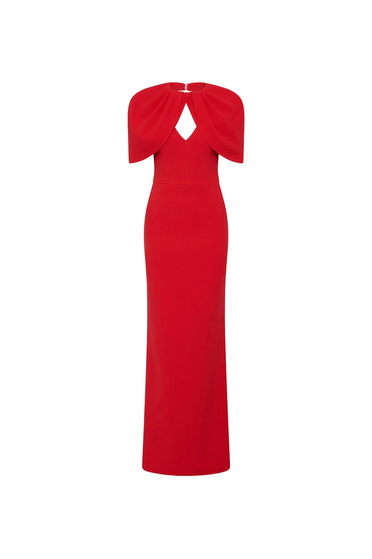 Rebecca Vallance Cameron Gown in red bonded crepe with draped cape overlay, V neckline and column maxi skirt, elegant evening style.

