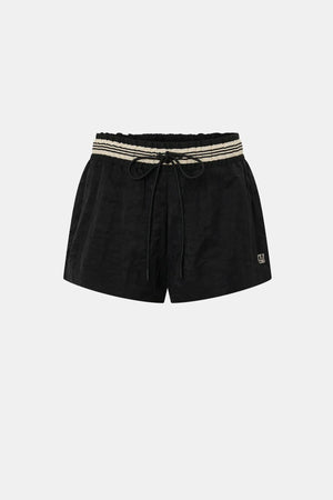 Mimas Monogram Short by Camilla and Marc in black, elasticated waist short with striped waistband and logo embroidery.