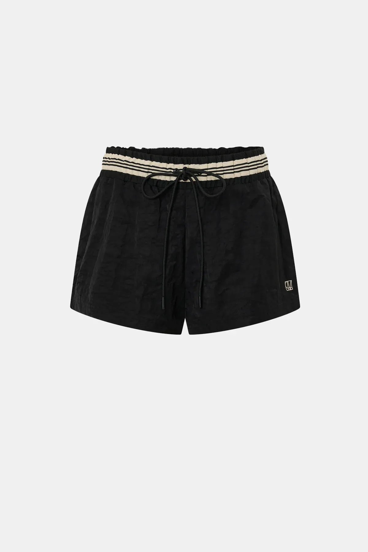 Mimas Monogram Short by Camilla and Marc in black, elasticated waist short with striped waistband and logo embroidery.