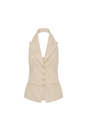 Rebecca Vallance Andy Vest in beige two-tone linen with halter neckline, peak lapel and tailored fit, styled for modern sophistication.