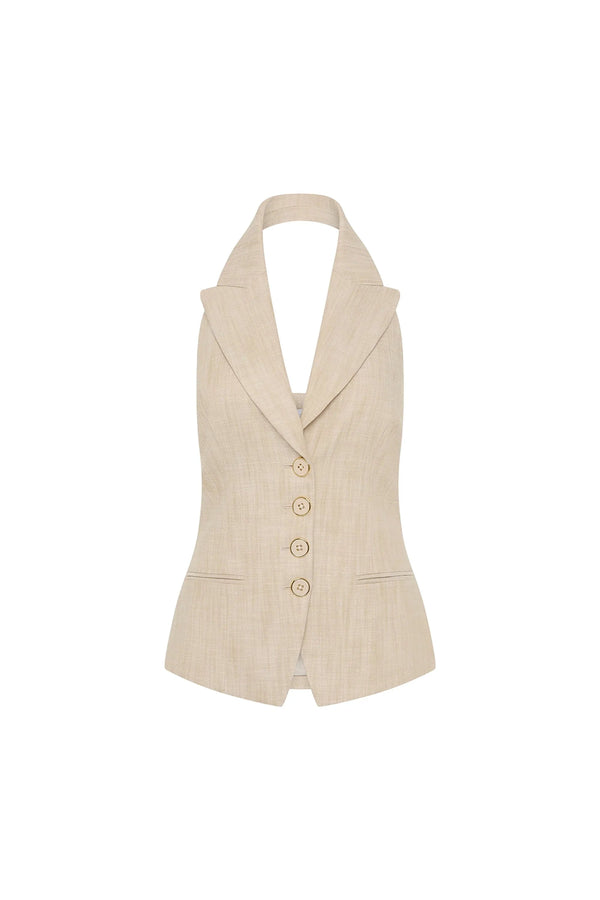 Rebecca Vallance Andy Vest in beige two-tone linen with halter neckline, peak lapel and tailored fit, styled for modern sophistication.