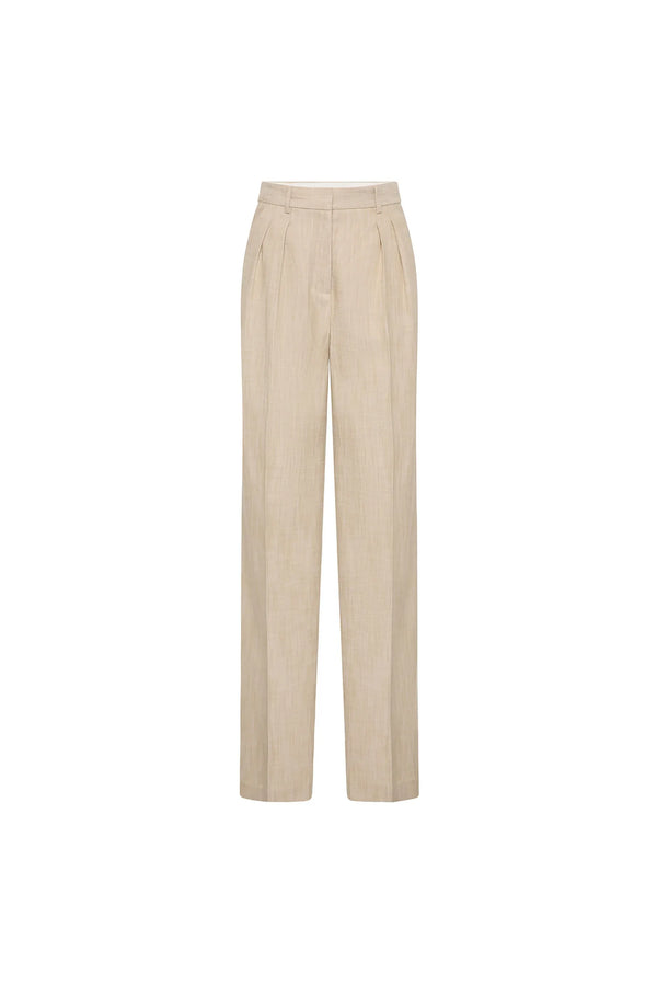 Rebecca Vallance Andy Pant in beige two-tone linen with wide-leg silhouette, high waist, pressed creases and tailored fit.