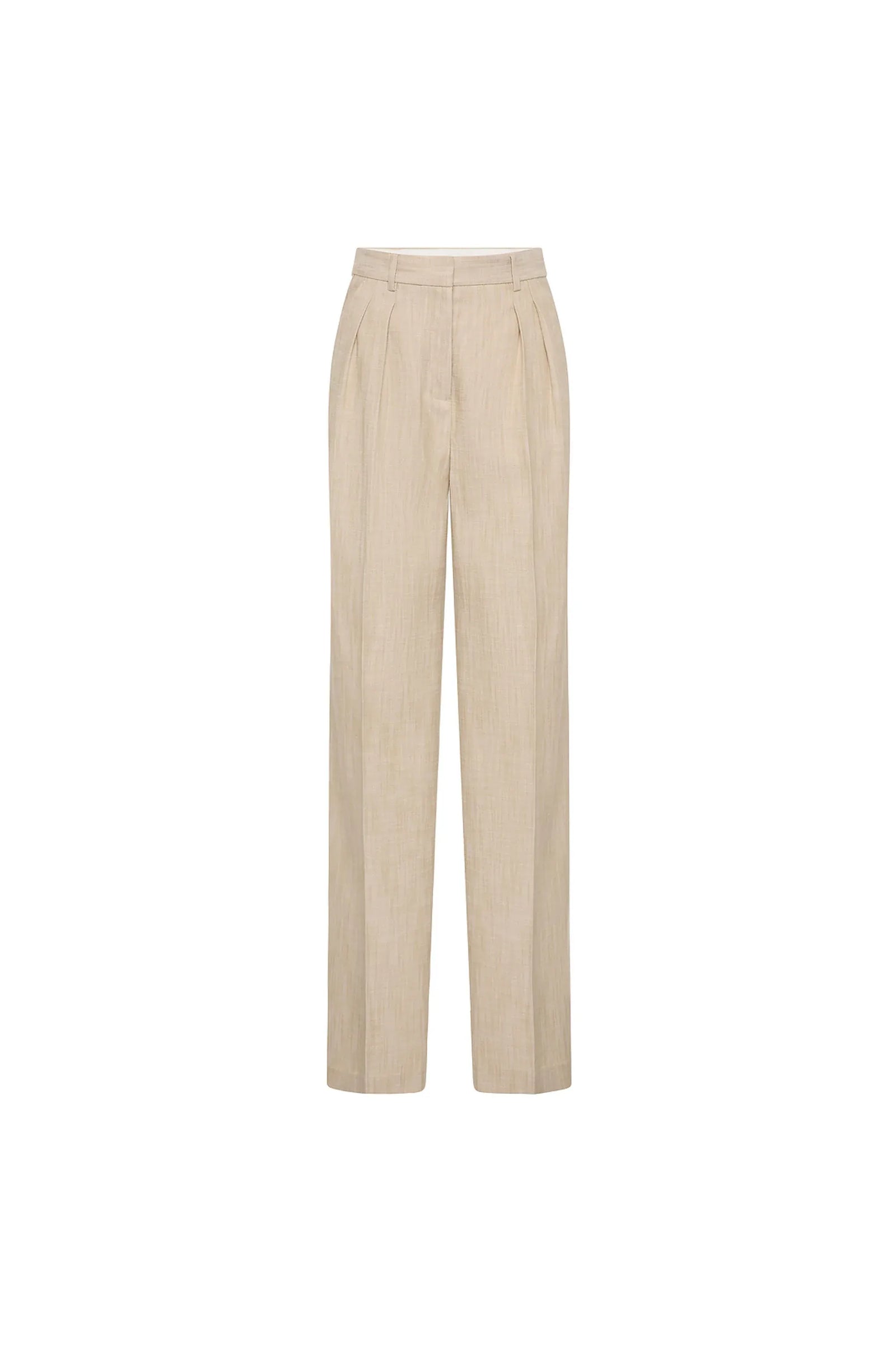 Rebecca Vallance Andy Pant in beige two-tone linen with wide-leg silhouette, high waist, pressed creases and tailored fit.