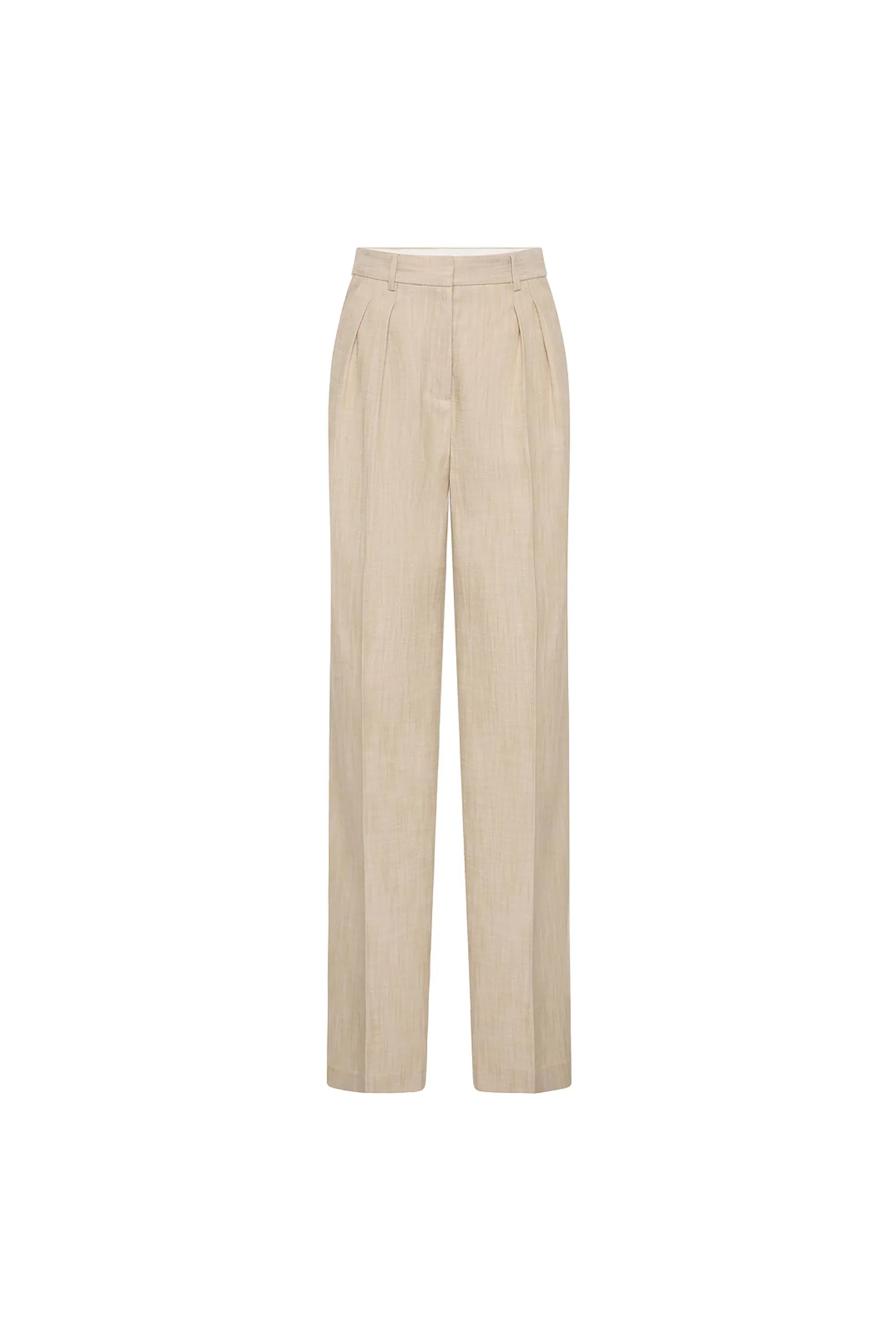 Rebecca Vallance Andy Pant in beige two-tone linen with wide-leg silhouette, high waist, pressed creases and tailored fit.
