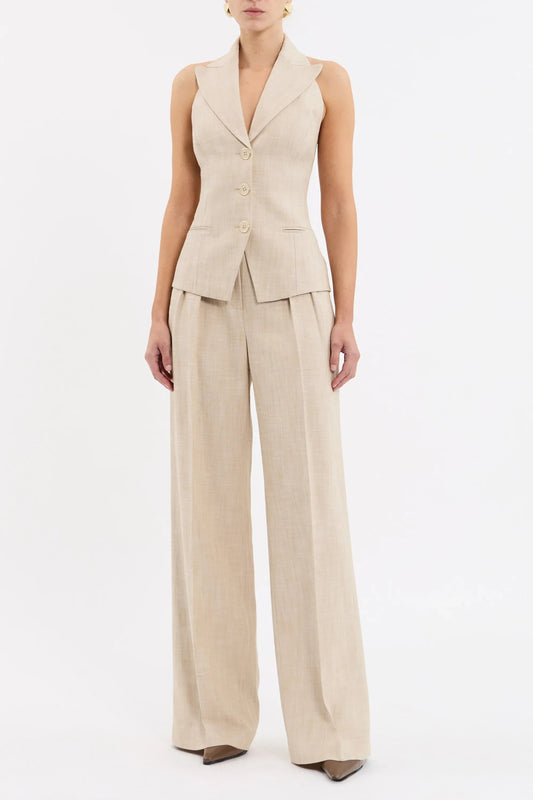 Rebecca Vallance Andy Vest in beige two-tone linen with halter neckline, peak lapel and tailored fit, styled for modern sophistication.