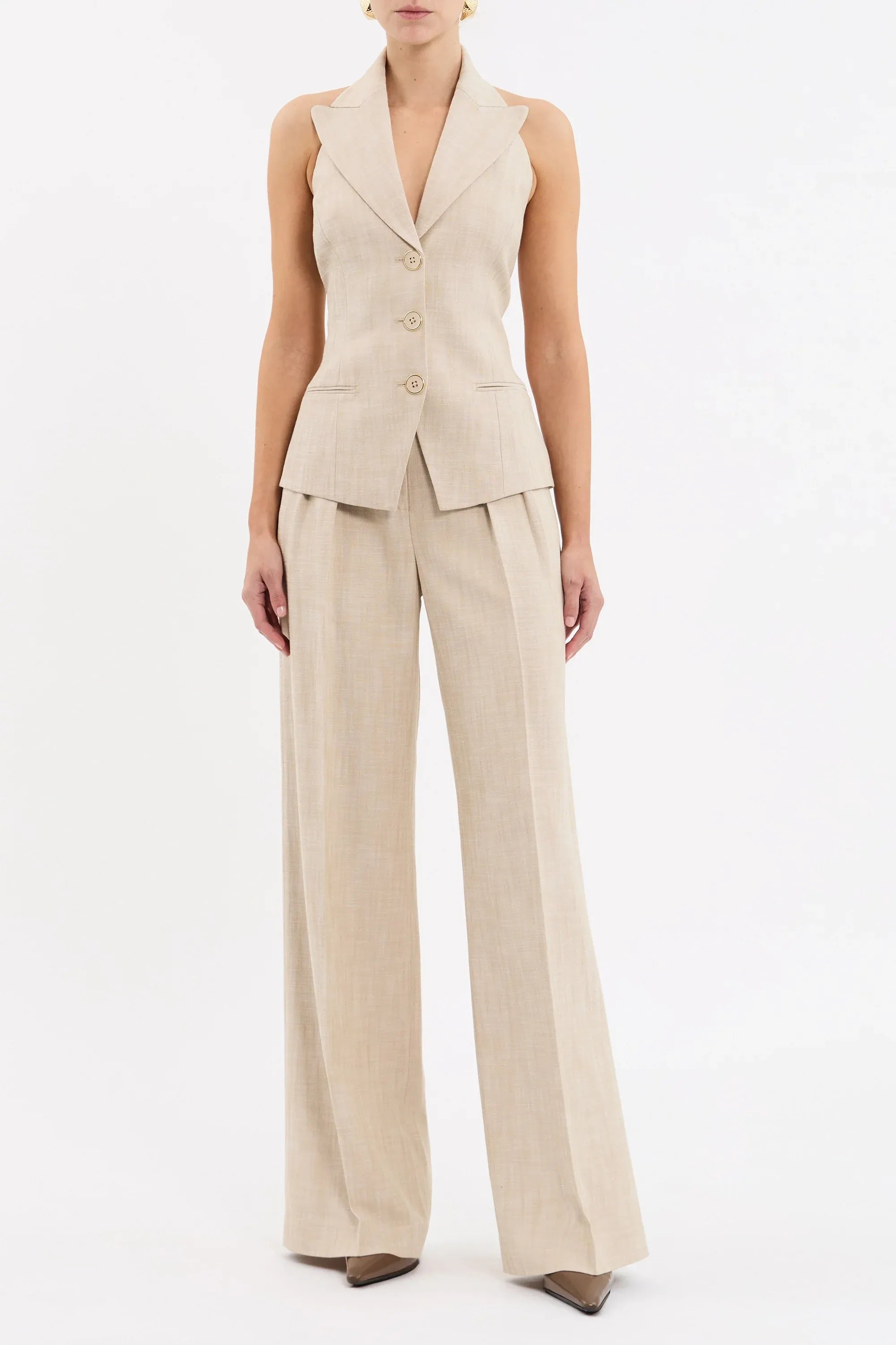Rebecca Vallance Andy Pant in beige two-tone linen with wide-leg silhouette, high waist, pressed creases and tailored fit.