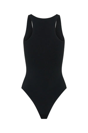 Black Iris knit bodysuit with long sleeves and a fitted silhouette.