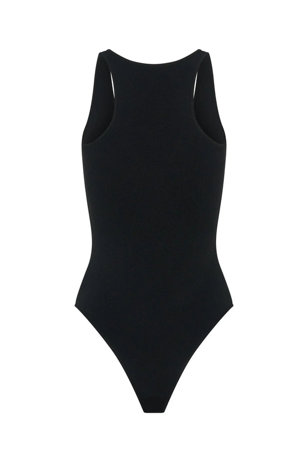 Black Iris knit bodysuit with long sleeves and a fitted silhouette.