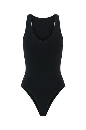 Black long-sleeve knit bodysuit with a fitted silhouette and crew neckline.