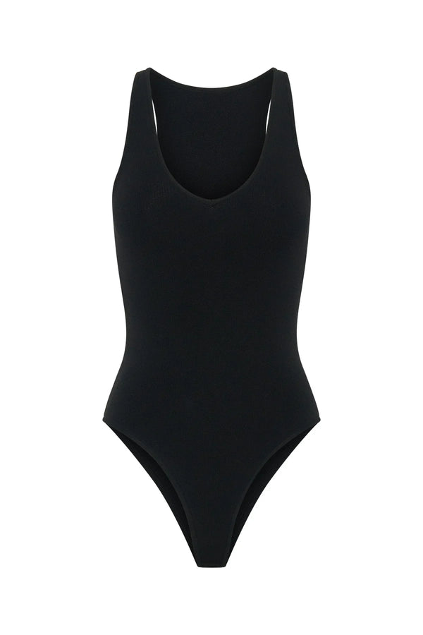 Black long-sleeve knit bodysuit with a fitted silhouette and crew neckline.