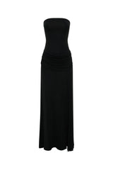 Jaz Strapless Split Maxi Dress in Black with a strapless neckline, sculpted waist, and side split creating a smooth, body hugging silhouette with a clean, contoured finish.
