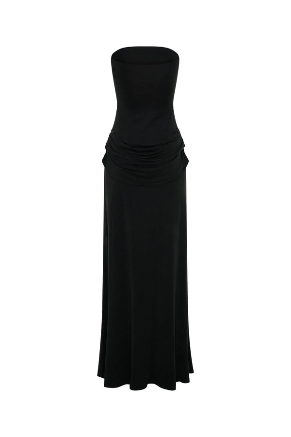 Black strapless maxi dress with a thigh-high split and flowing skirt on a white background.