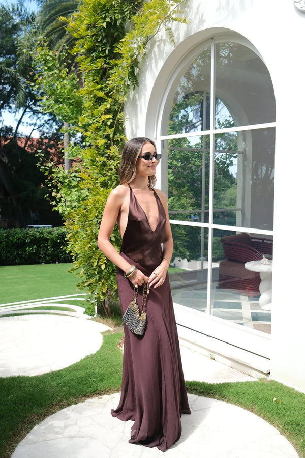 Jaz V Neck Maxi Dress in chocolate brown with a flowing silhouette and short sleeves.