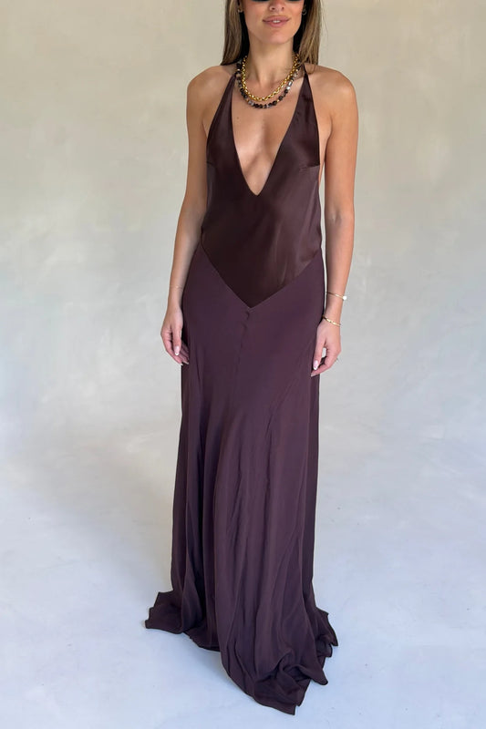 Jaz V Neck Maxi Dress in chocolate brown with short sleeves and a flowing, floor-length silhouette.