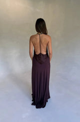 Jaz V Neck Maxi Dress in chocolate brown with short sleeves and a flowing silhouette.