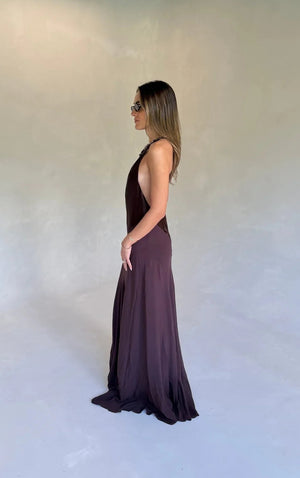 Jaz V Neck Maxi Dress in chocolate brown with short sleeves and a flowing, floor-length silhouette.